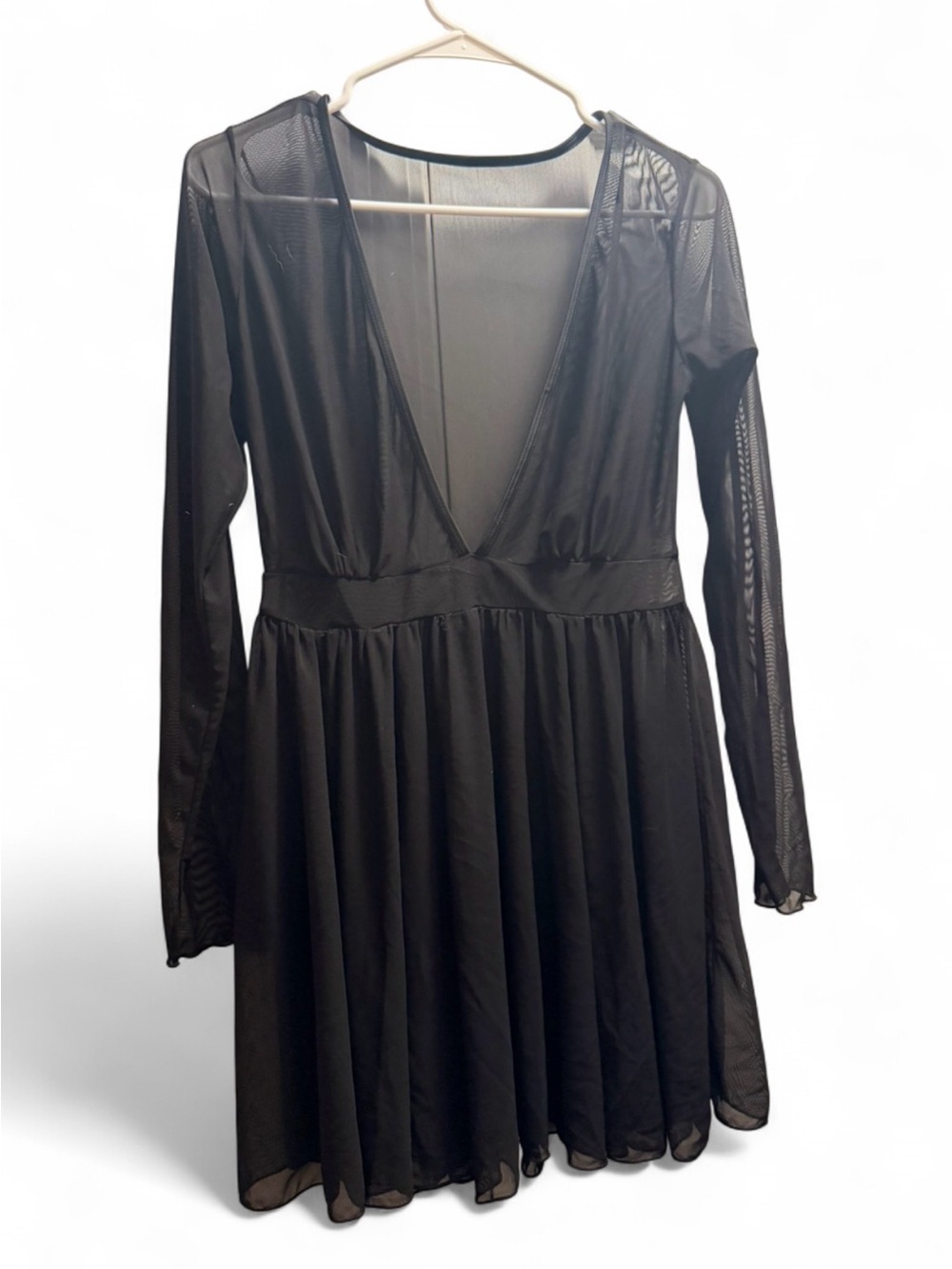 Black Sheer Mesh Long Sleeve Mini Dress Deep V Neck Flowy Skater Goth Coquette